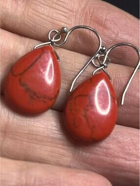 B5129 ATI 925 Vibrant Red Jasper Teardrop Dangle Earrings Sterling Silver  1.5"